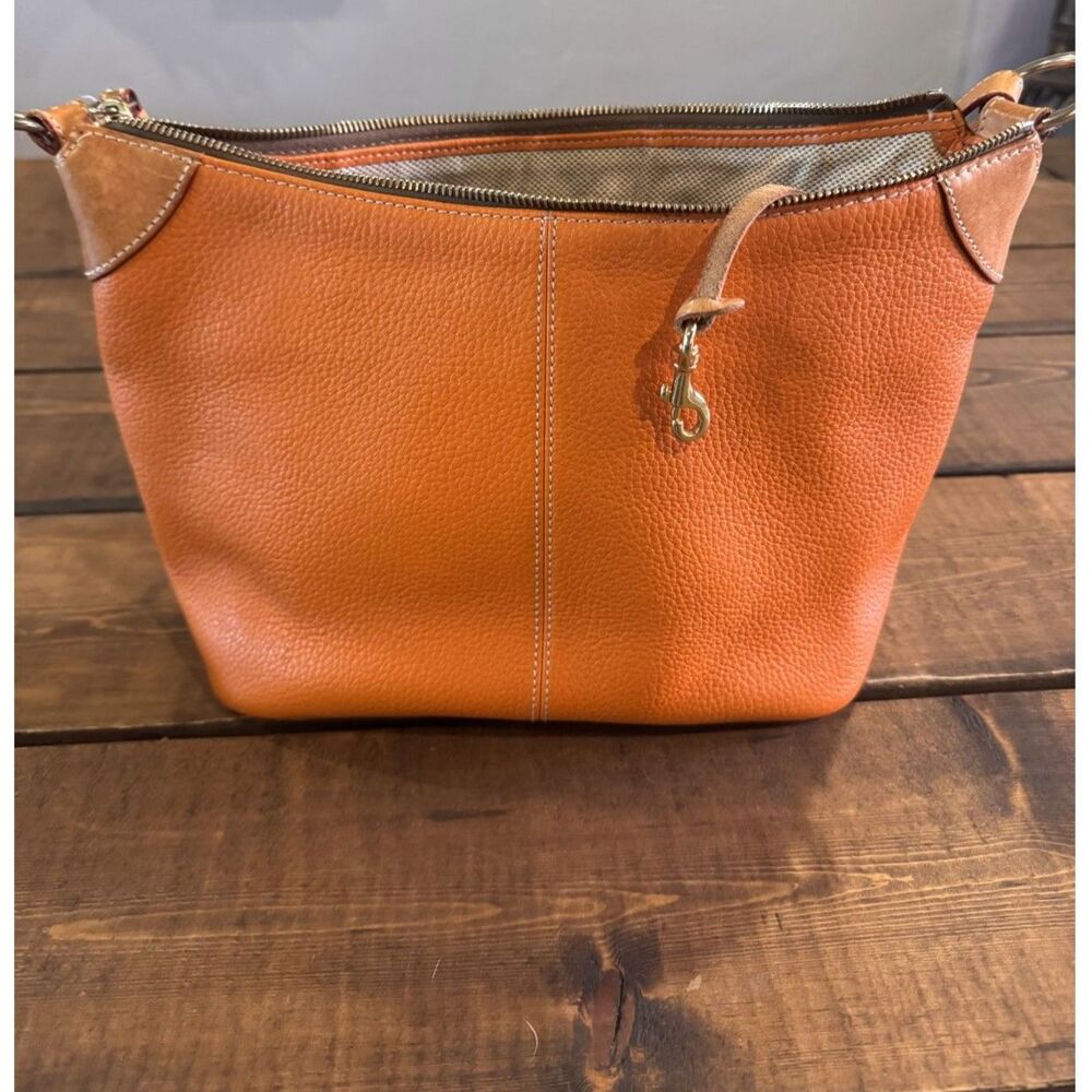 Dooney and Bourke Orange/Tan Pebbled Leather O-Ring Slouch Hobo Bag - Picture 3 of 8